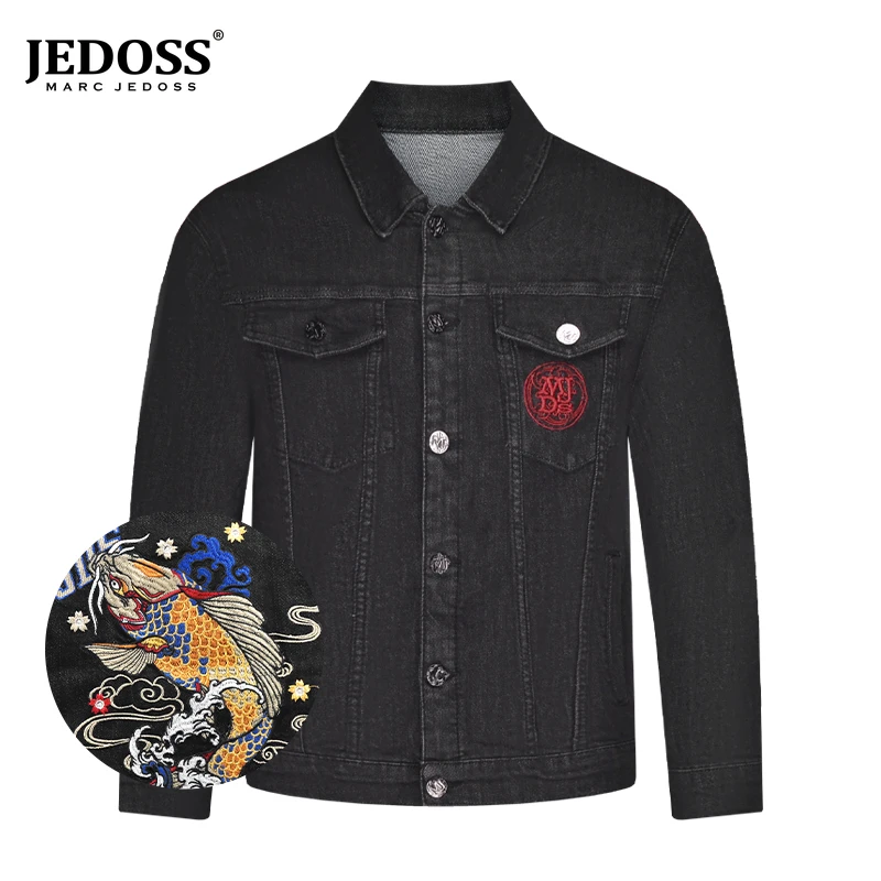 JEDOSS/爵迪斯新款复古休闲黑色外装中国风锦鲤刺绣潮流夹克外套