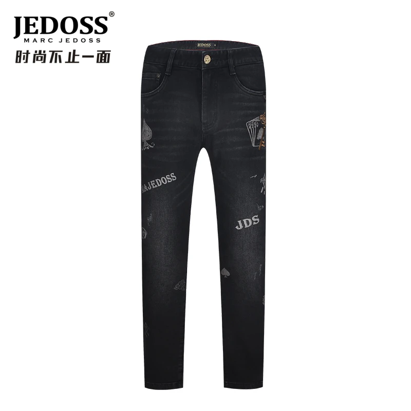 JEDOSS/爵迪斯男装专柜新款logo扑克水洗烫印修身牛仔裤微弹百搭