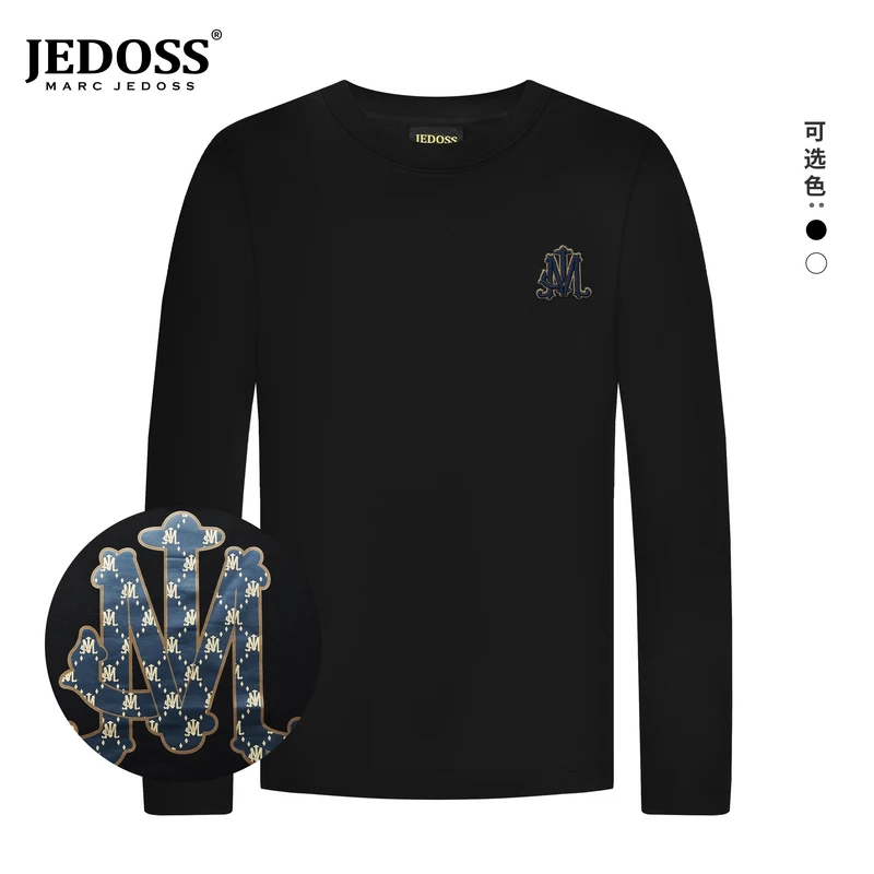 JEDOSS/爵迪斯新款爱心男装打底衫刺绣圆领黑色长袖T恤卫衣2025
