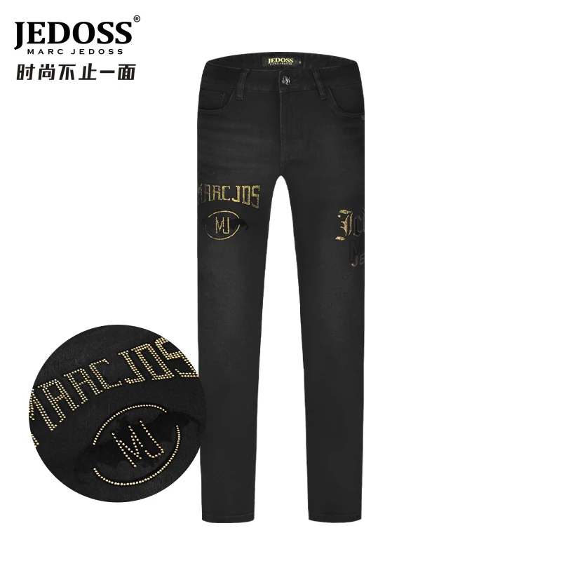 JEDOSS/爵迪斯弹力男装秋冬专柜新款字母烫钻黑色牛仔裤长裤YH223