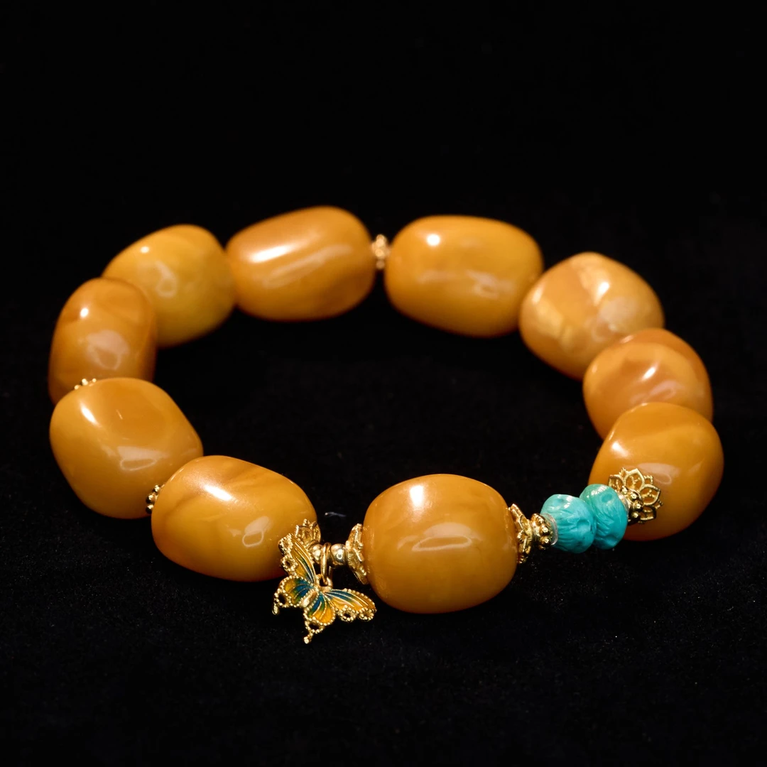 TR092【福蝶】天然鸡油黄蜜蜡绿松小蝴蝶配件单圈手串轻奢简约经典