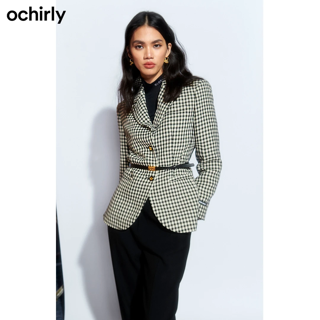 ochirly欧时力春装千鸟格腰带垫肩西装外套女1WY1040630