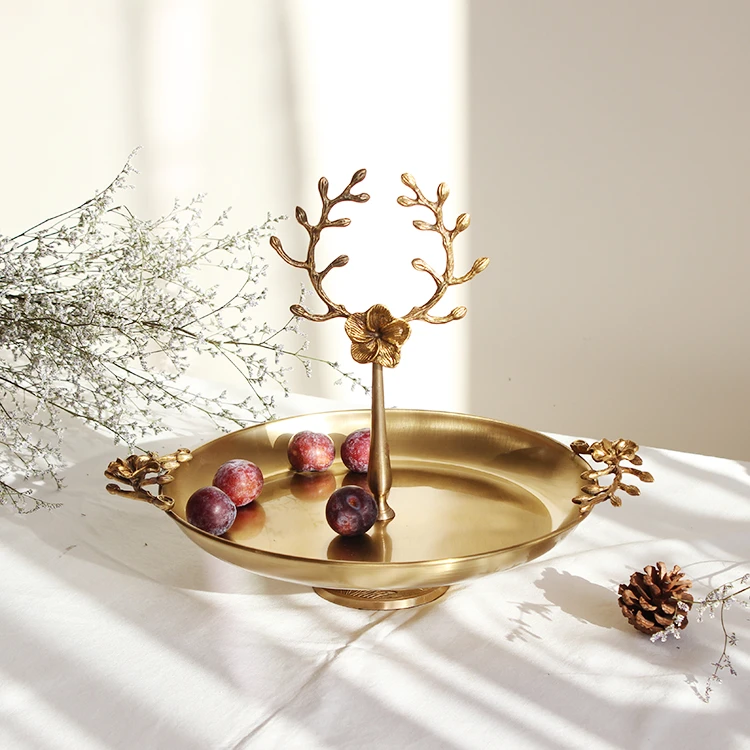 进口纯黄铜果盘轻奢摆件客厅家用高档梅花金属金色欧式点心茶歇盘