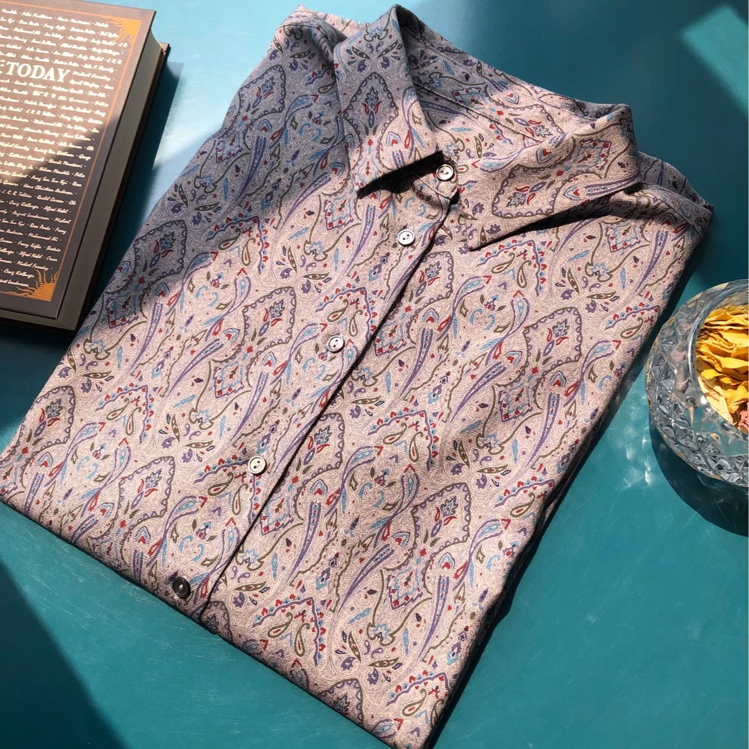 奢华质感·复古图腾印花精纺羊毛通勤基础款梭织衬衣长袖衬衫秋冬