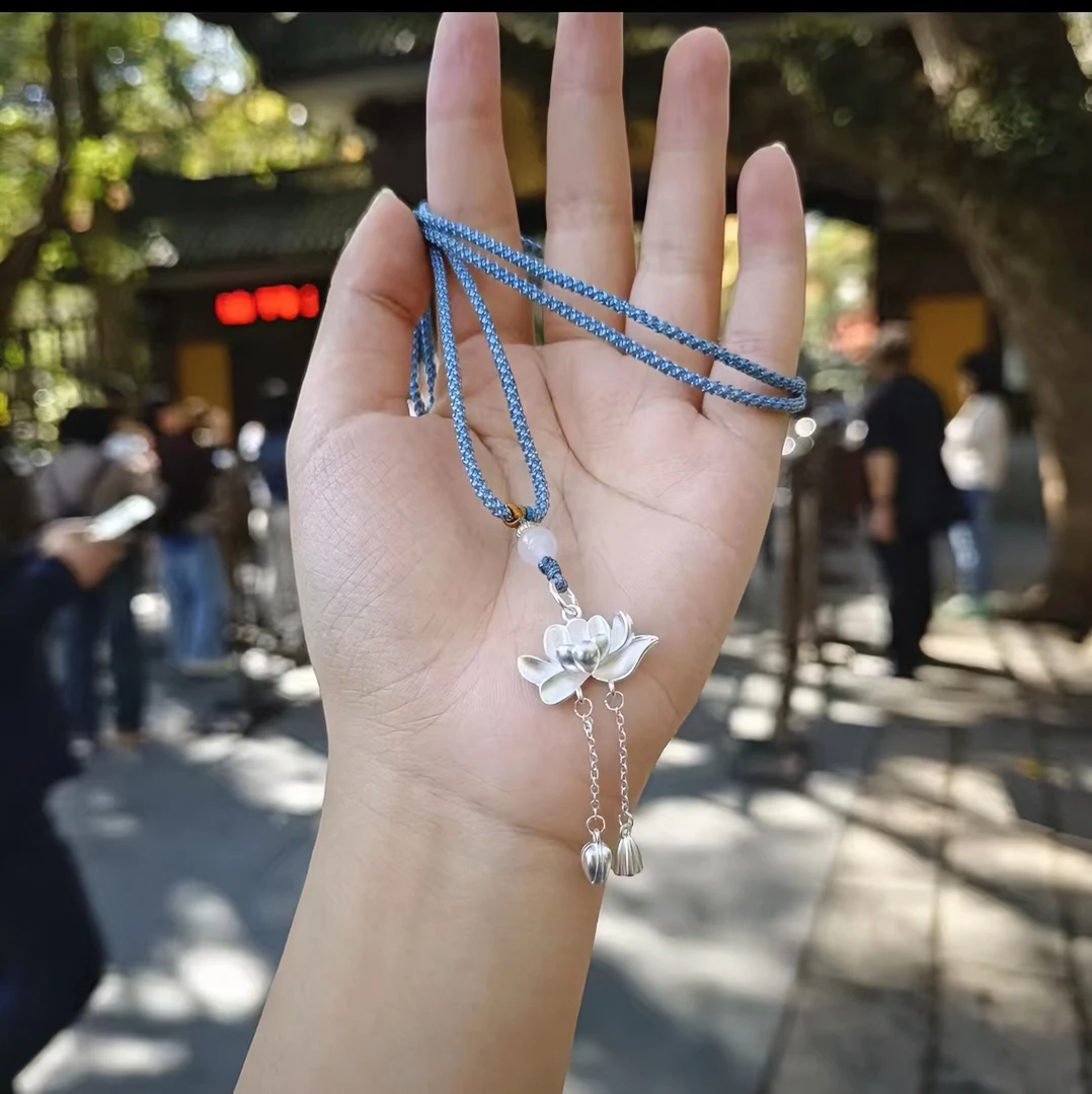 吊坠足银布艺 灵y两世欢莲花吊坠项链 编织绳好事连连毛衣链项链