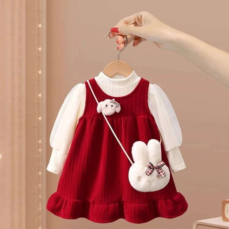 女童连衣裙秋冬季小童洋气公主裙周岁礼服时髦宝宝冬装加绒两件套