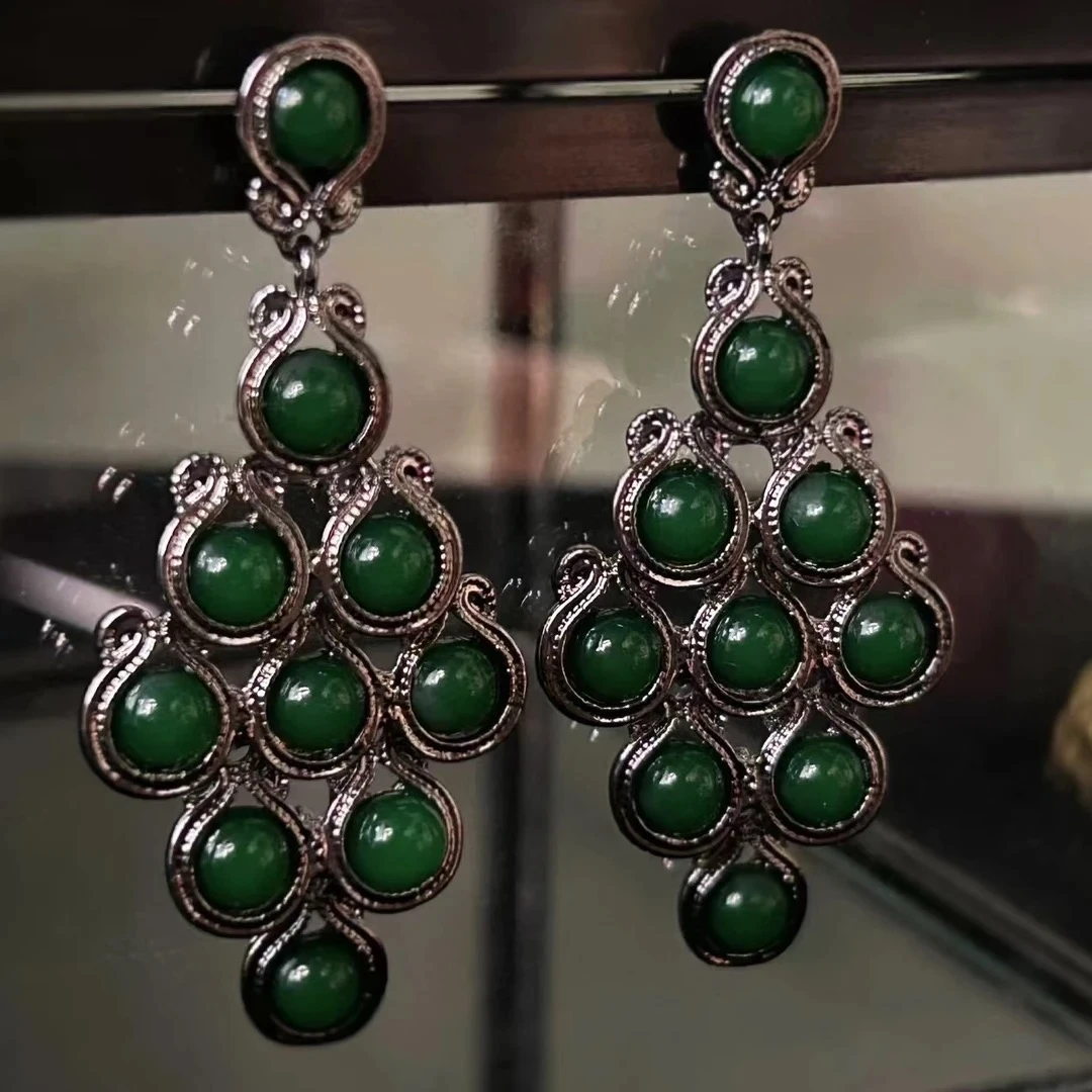 铜合金耳饰 【青韵】中古风vintage复古宫廷风做旧时尚绿色耳环-813