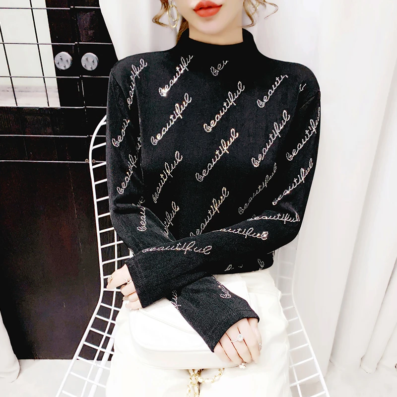 3207【磨毛保暖】漂亮字母打底衫女装欧货重工烫钻长袖T恤上衣女