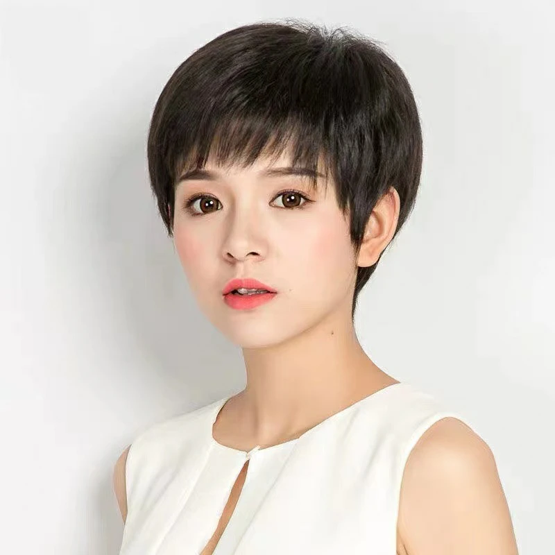 MANLI/曼丽【翡翠款】假发女短直发假发头套全真发透气随意分缝手织