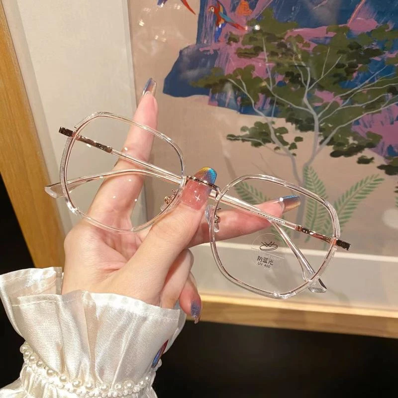 亮闪多边形素颜眼镜框韩版女可配近视镜潮闪粉防蓝光可配近视镜框