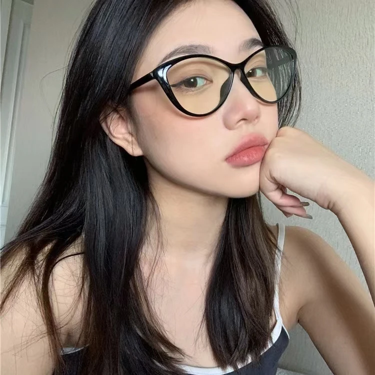 复古猫眼黑框眼镜女倒三角近视大脸显瘦细框可配度数素颜神器猫型