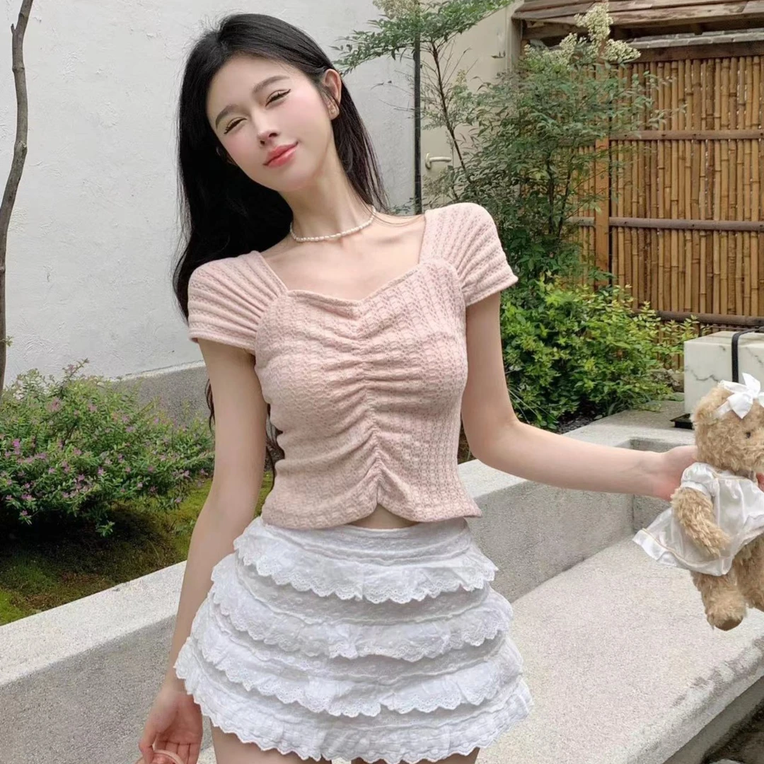 2023夏季新款通勤百搭纯色设计感褶皱针织短袖女韩版气质短款上衣