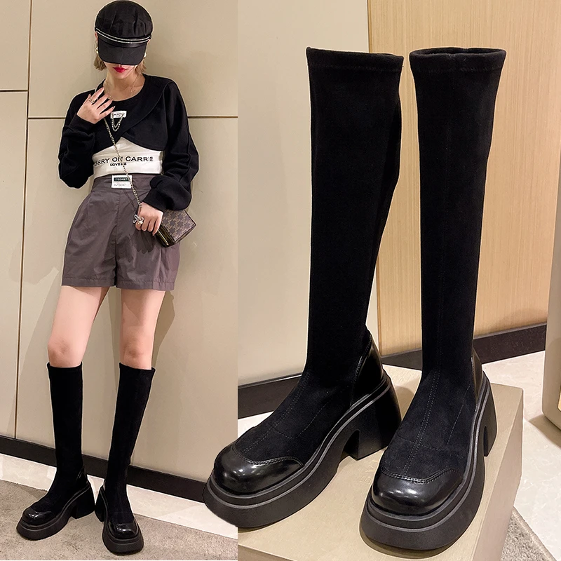 绒面长靴女士2023秋冬新款高筒靴时尚百搭弹力瘦瘦靴子
