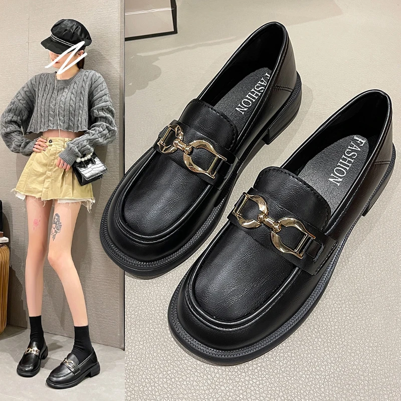 厚底黑色小皮鞋2023新款英伦风时尚乐福鞋粗跟软底女鞋