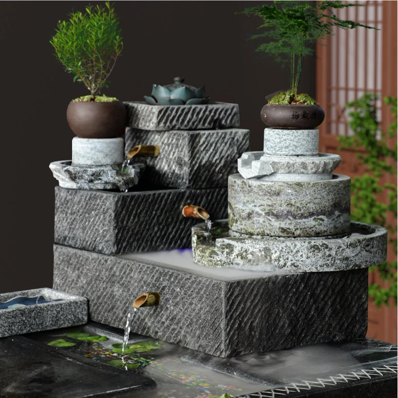 石头流水中式落地庭院流水摆件石磨水槽石槽石头花盆鱼缸落地流水