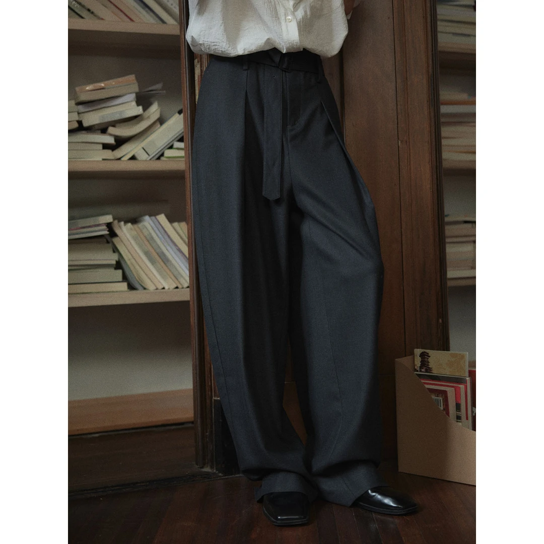 Rewear Collection 14 羊毛混纺倒褶宽松腰带西装休闲长裤女12044