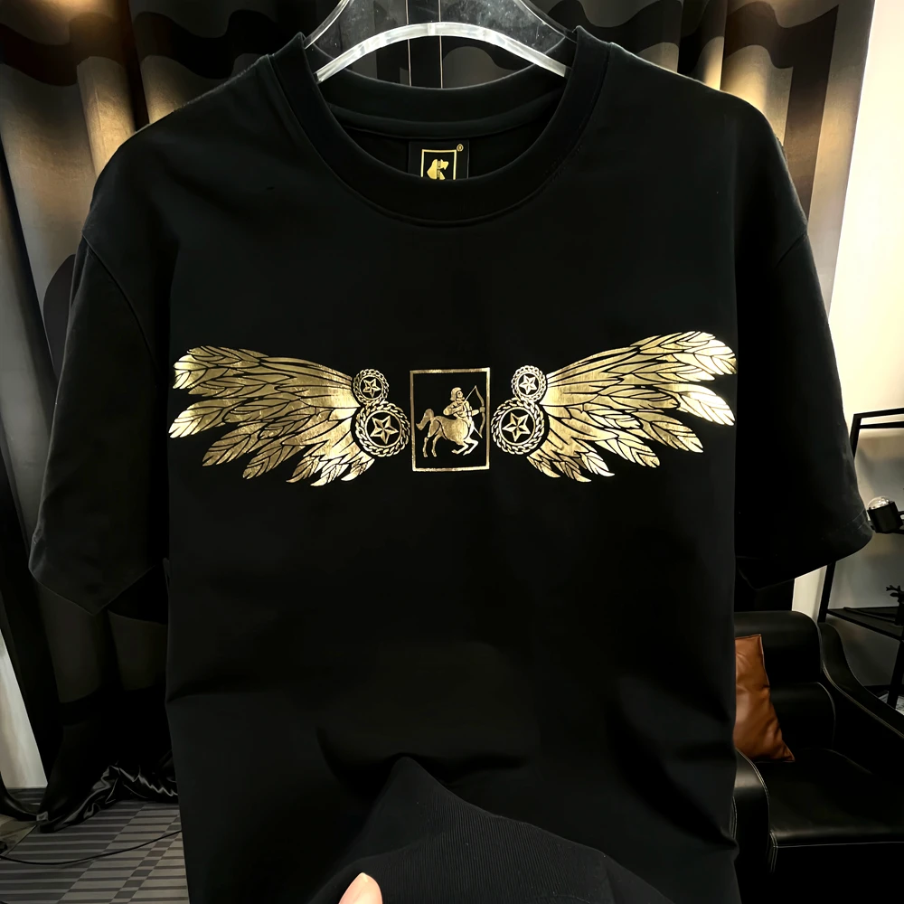 夏季新款男款圆领短袖宽松大码修身休闲翅膀黑色纯棉半袖男士T恤