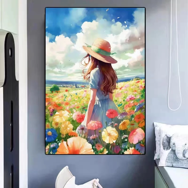 花丛女孩十字绣精准印花线绣十字绣满绣大格棉线四股