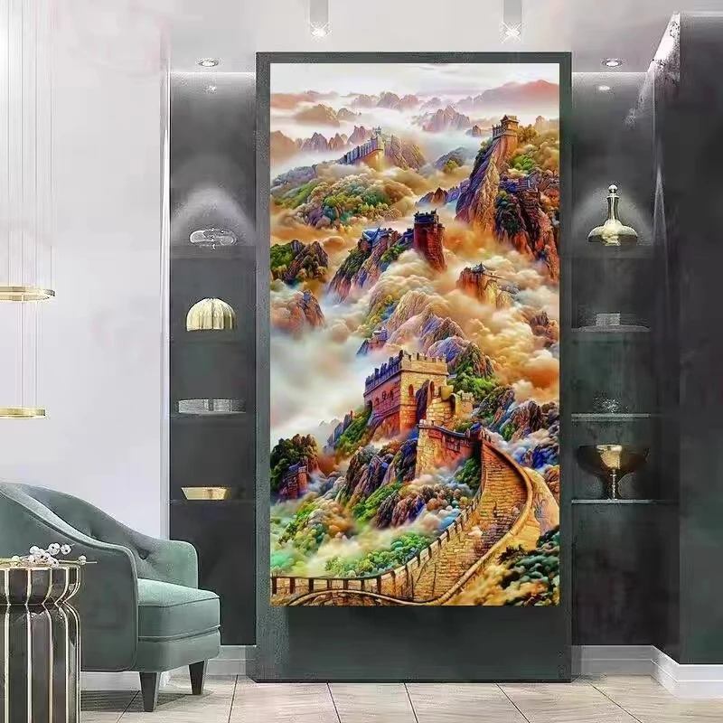 万里长城竖版十字绣客厅玄关竖版山水画新款中式满绣风景刺绣