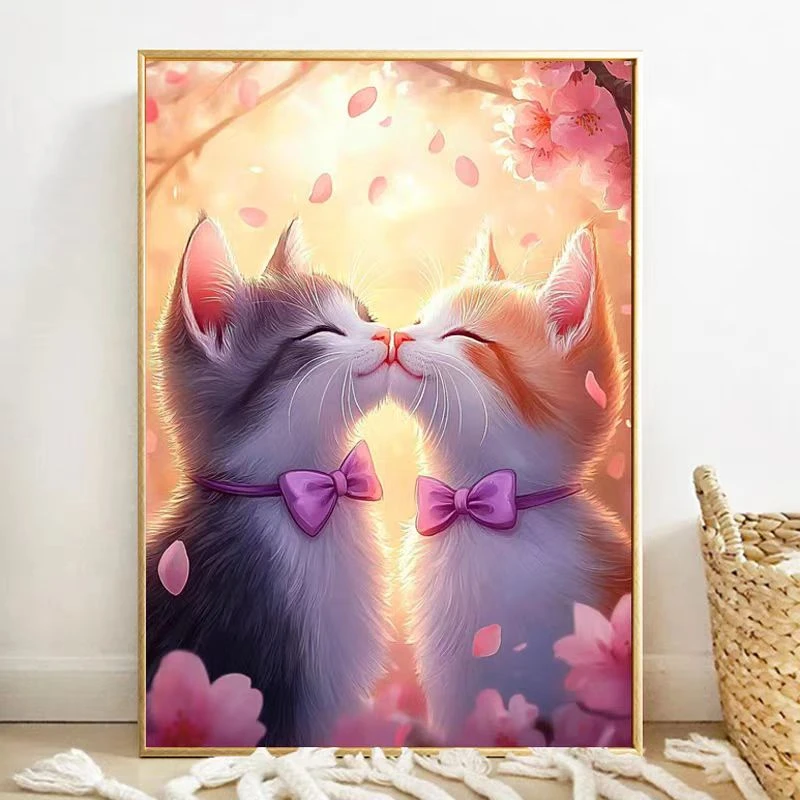 桃花双喵图十字绣2024新款客厅卧室玄关