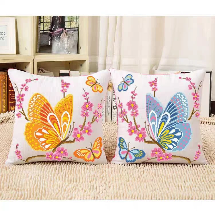 蒙娜丽莎皇室蝶恋花十字绣抱枕对枕2024新款蓝粉鸳鸯色