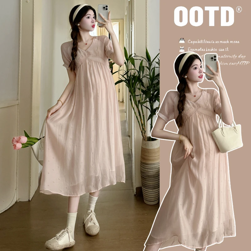 孕妇装夏装2024新款时尚款V领显瘦连衣裙中长款气质温柔宽松上衣