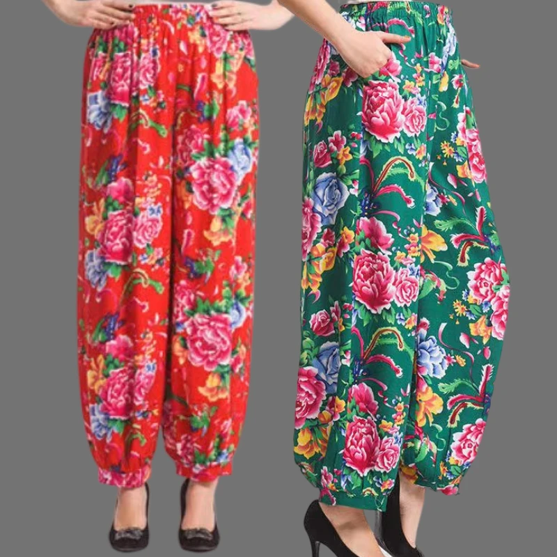 中老年休闲宽松灯笼女裤妈妈装2023春夏长裤奶奶裤大码中年女花裤