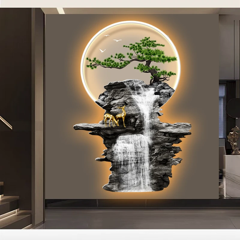高档壁饰挂画发财树装饰画艺术2025走廊过道玄关挂画流水生财画