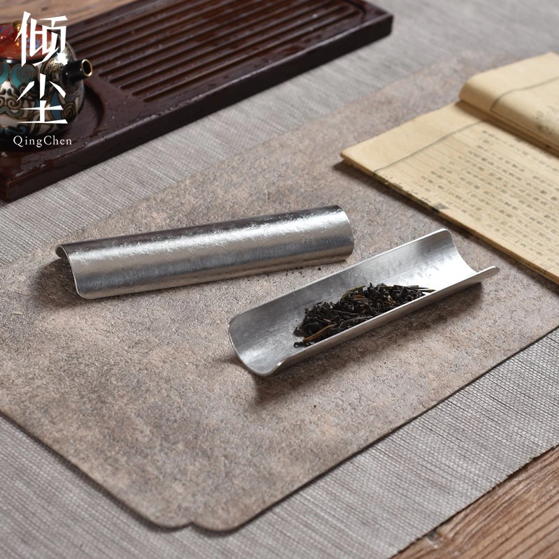 静定 素影纯锡茶则 禅意足锡茶荷 简约纯手工捶打雪花纹茶铲极简