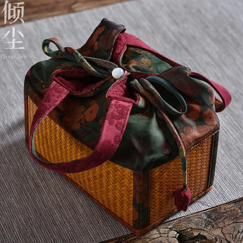 静定 高端 不惑 香云纱茶具收纳包复古竹编莨纱茶事包茶器收纳杯