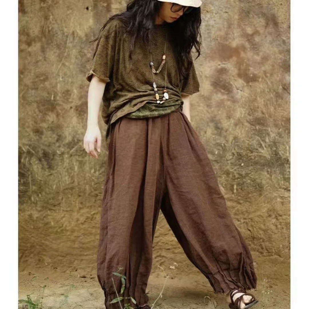 云雾里 2160#原创设计复古文艺亚麻百褶灯笼裤