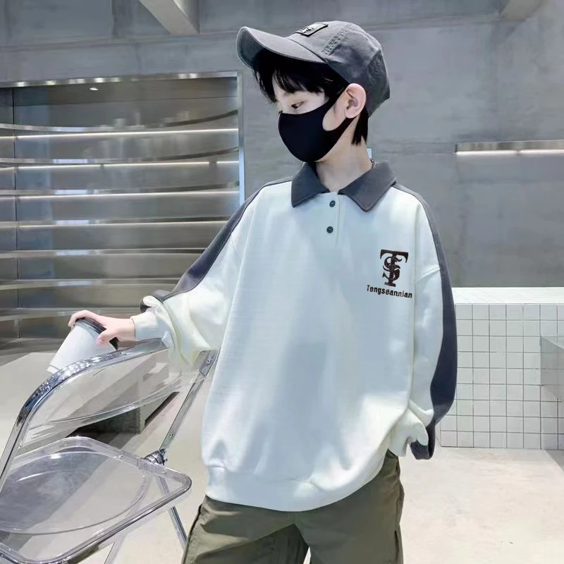 儿童卫衣春秋2023年新款儿童休闲翻领POLO衫洋气中大童长袖卫衣