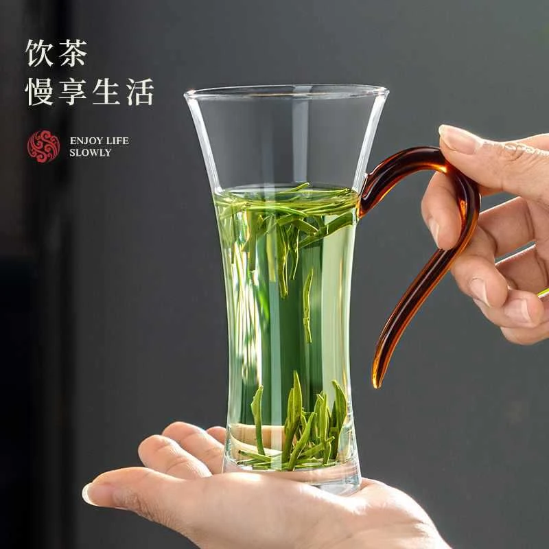 十载爱棠绿茶杯耐高温玻璃杯带把喝水杯子绿茶杯个人办公室泡茶杯