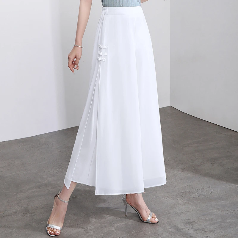 雪纺裤阔腿裤女2024年春夏季薄款白色垂感休闲裤九分裤高腰直筒裙
