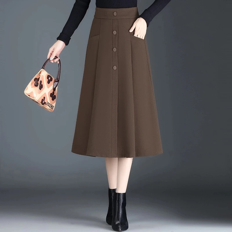 显瘦毛呢a字裙女2024新款秋冬高腰半身裙中长款气质通勤百褶裙子