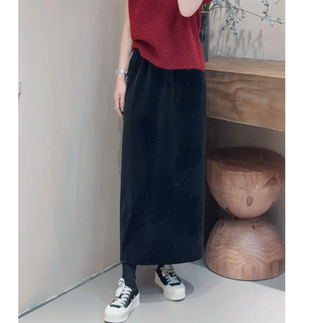 丝绒加绒开衩半身裙（9392#C2-3）约长85-88