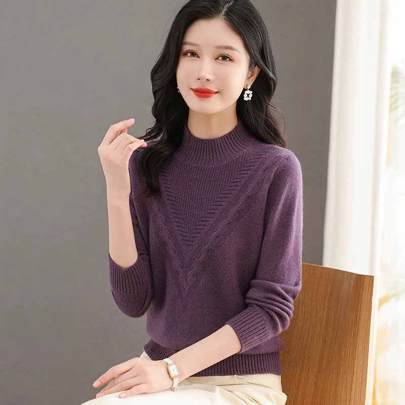 新款冬款高领纯色提花保暖套头时尚洋气宽松显瘦毛衣q335