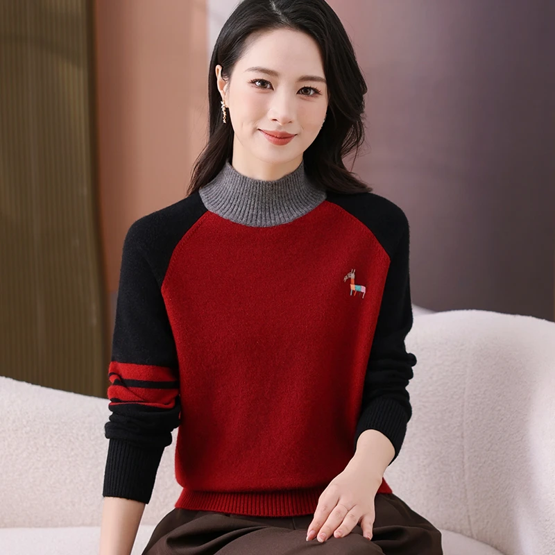 加厚新款重工刺绣半高领长袖撞色百搭时尚冬季气质宽松毛衣H6815