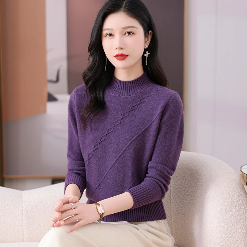 加厚新款半高领长袖重工狡花纯色百搭时尚秋冬气质宽松毛衣H026