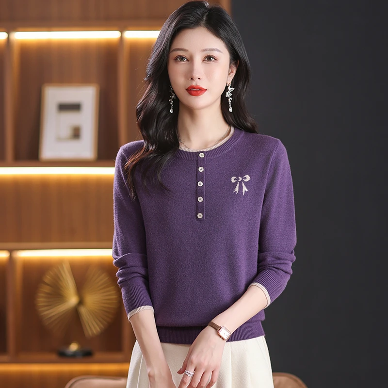 新款半圆领拼色提花百搭时尚洋气套头秋冬宽松毛衣741