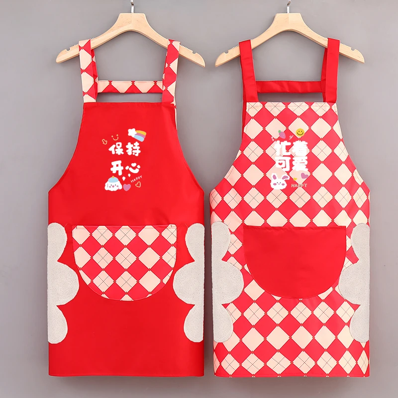 新款卡通围腰喜庆围裙带擦手印字爆款做饭家用厨房饭店可爱工作服