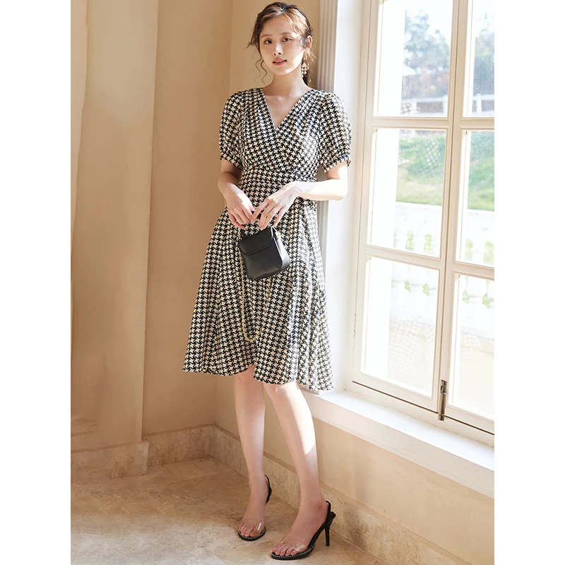 35908【千D系列】千鸟格V领雪纺连衣裙2321036L