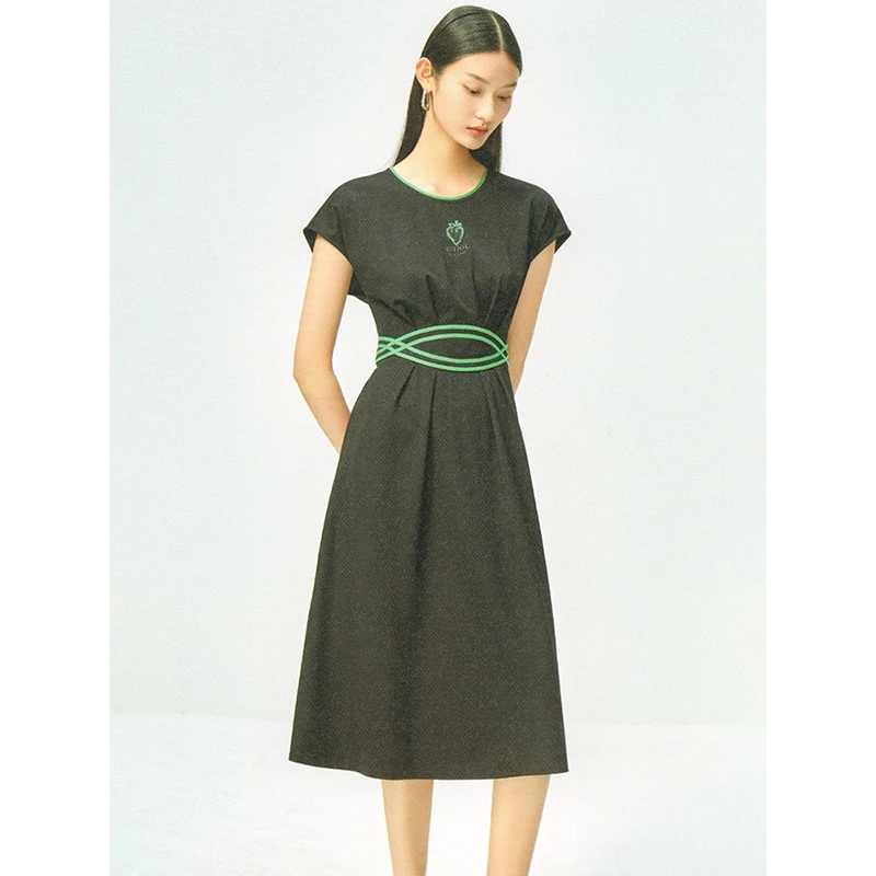 34988【羽系列】圆领无袖收腰连衣裙232L029