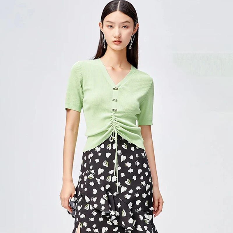 350580【羽系列】V领抽绳短袖针织衫232M251