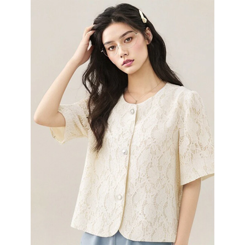 36656【H系列】米白气质舒适蕾丝衬衫HLJ6307