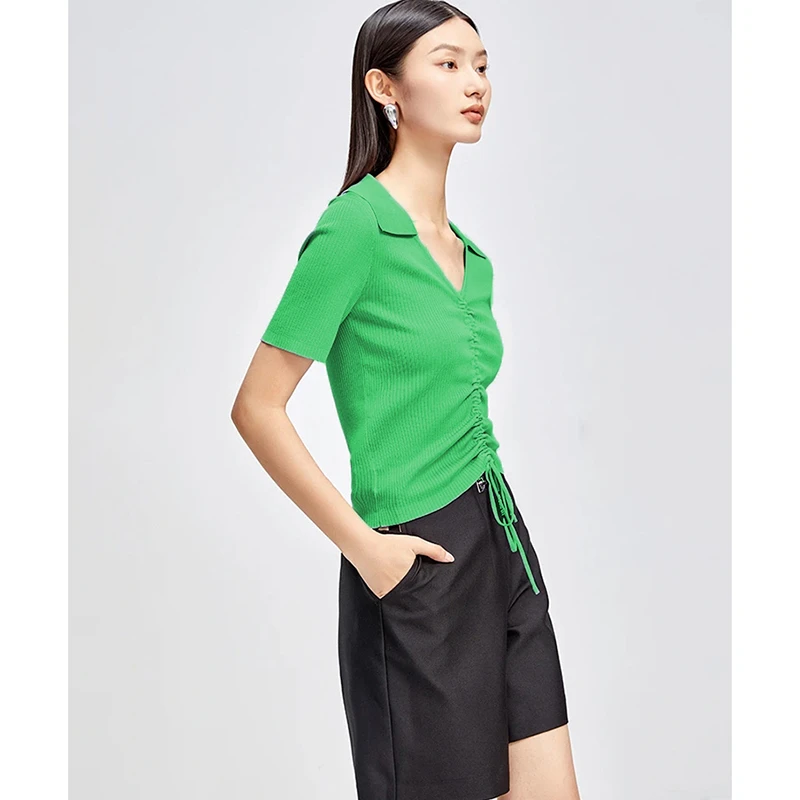 350533【羽系列】抽绳修身短袖针织衫232M223