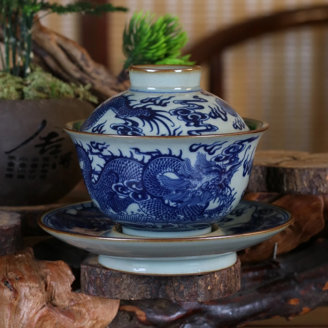 高端手工作品陶瓷元宝三才盖碗青花穿云龙【QH盖碗】