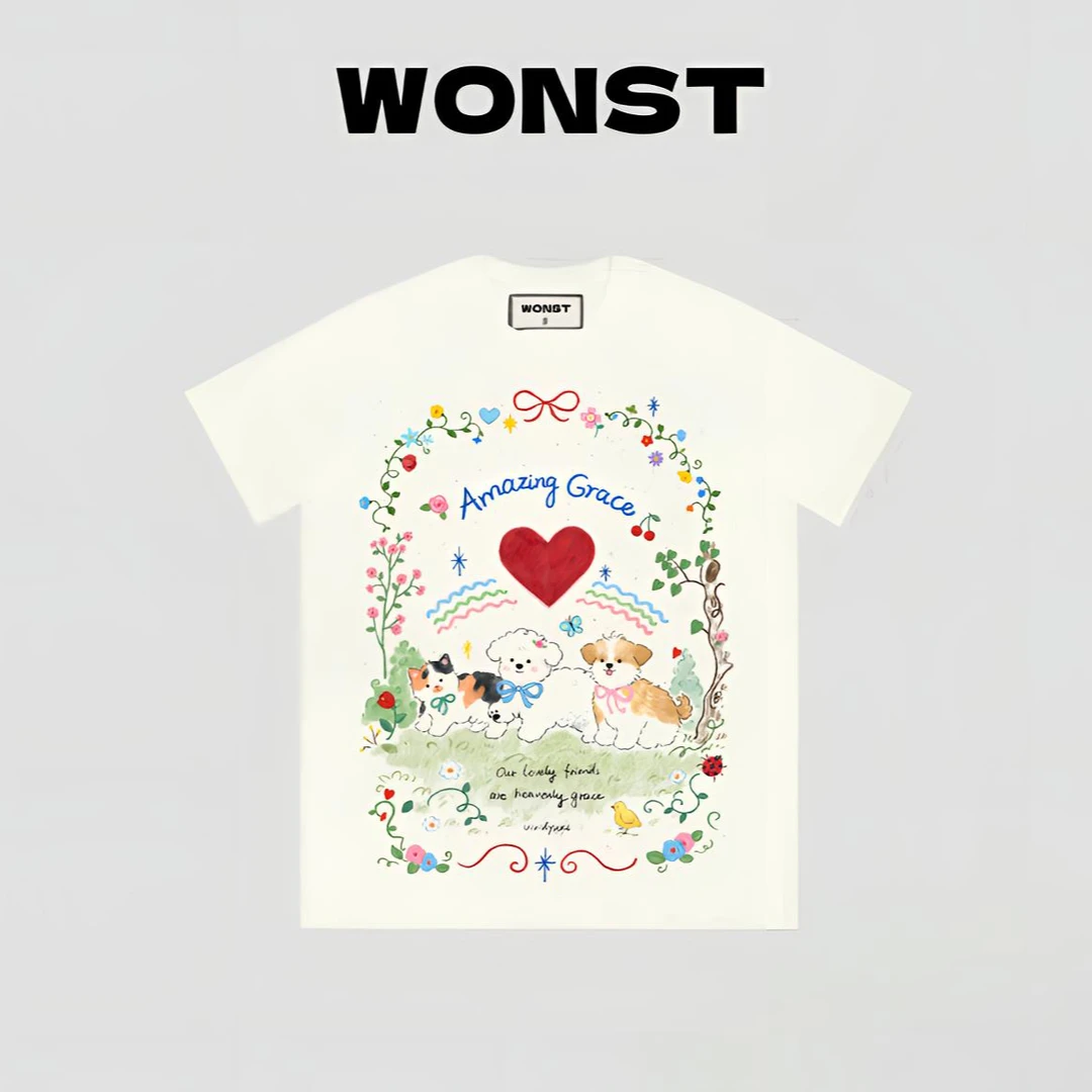WONST【动物乐园】康利直喷 270G重磅100%纯棉圆领宽松短袖T恤女3