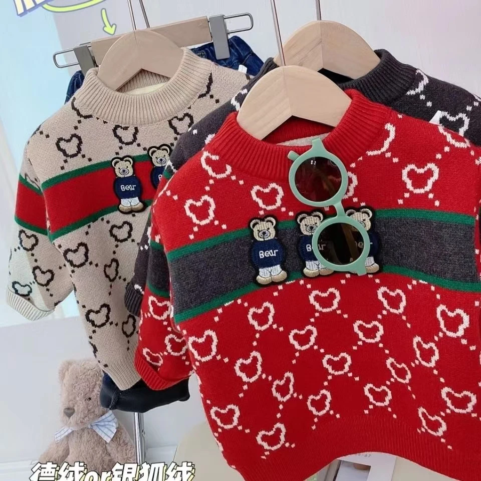 2025新款男童加绒加厚毛衣女童套头针织衫宝宝小童保暖打底衫卡通
