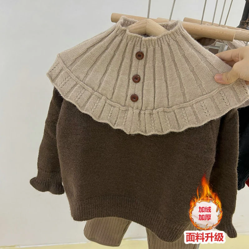 女童加绒毛衣小童套头秋冬儿童韩版加厚荷叶边领打底儿童针织毛衣
